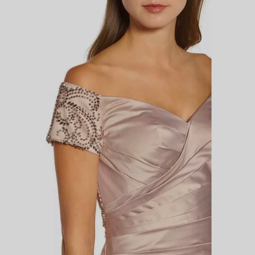 NWOT La Femme 25996 Off the Shoulder Beaded Satin Trumpet Gown, Size 2 - Picture 2 of 10